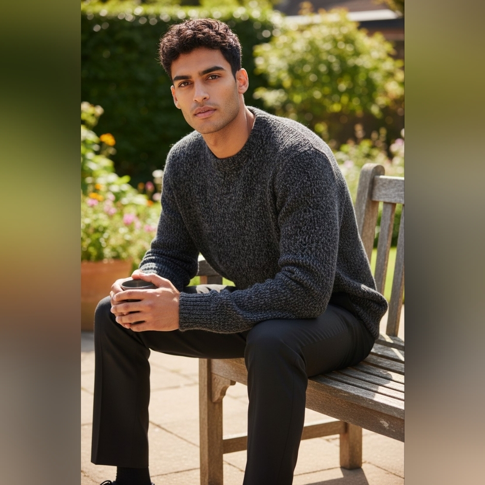 Magaschoni Mens Wool Sweater Luxury Marled Black Charcoal Tight Knit Spring